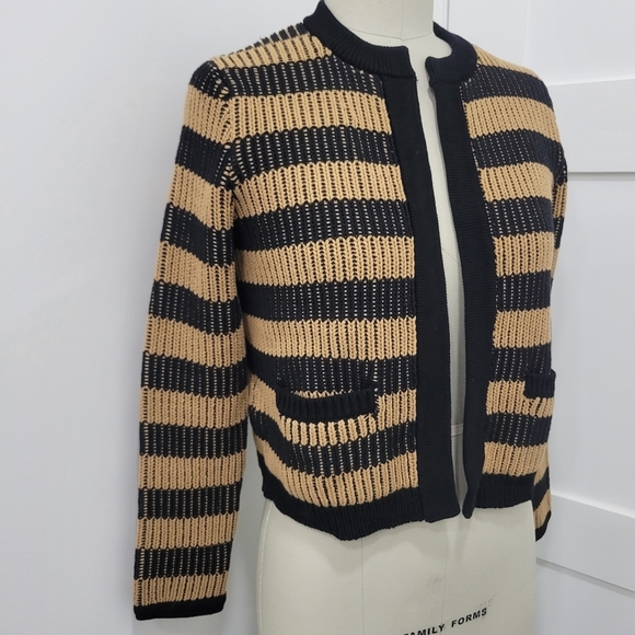 Banana Republic Women's Jacquard Black & Tan Striped Open Sweater Jacket  Size S - Picture 2 of 9